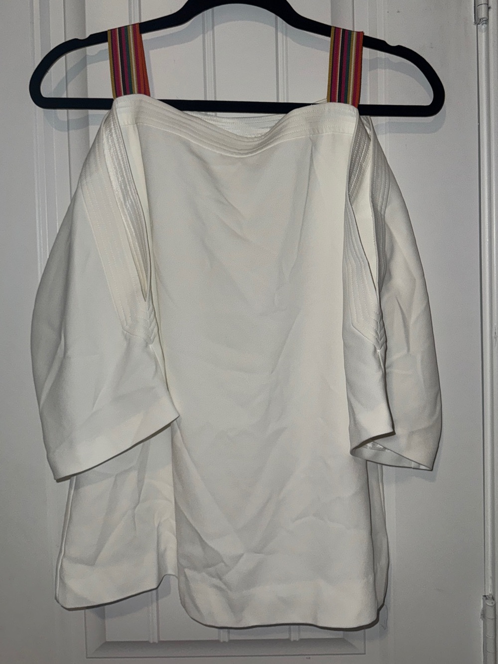White Off-Shoulder Top with Rainbow-Striped Straps